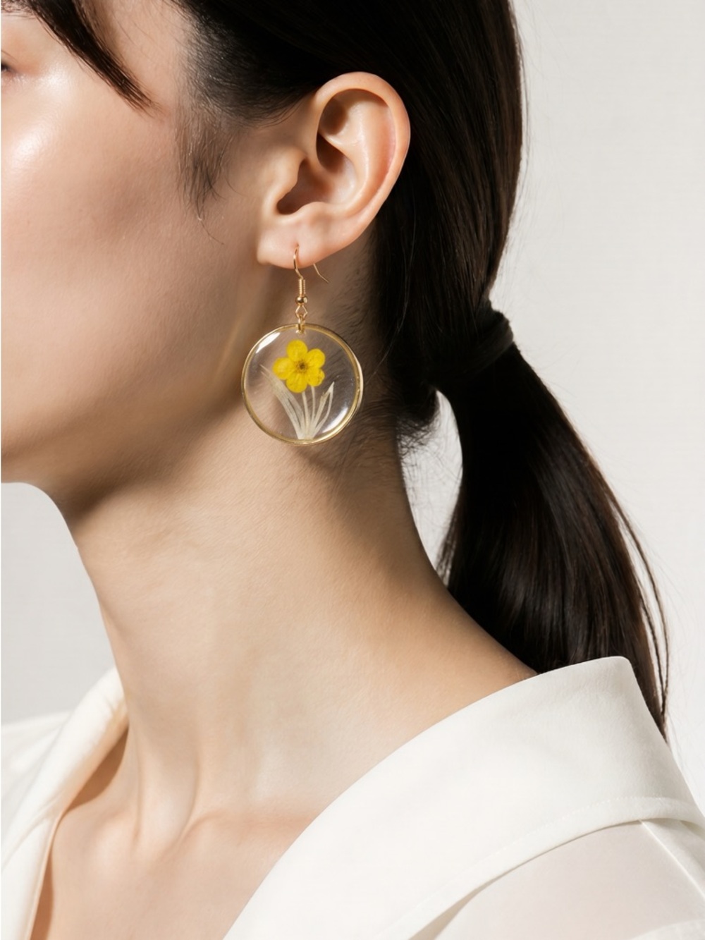 Yellow Floral Resin Drop Earrings with Gold Accents
